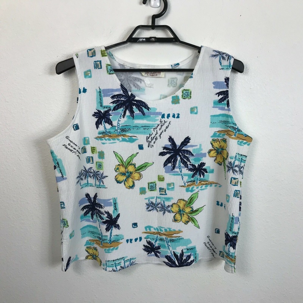 Vintage Simply Susan‎ Hawaiian Shirt Tank Top L Multicolor Floral Sleeveless